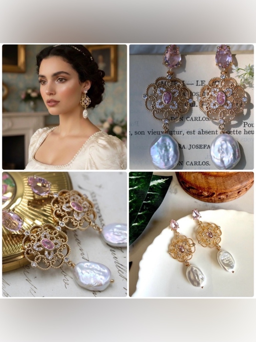 Pink Pearl Regency Bridgerton Victorian Earrings Gold Wedding Jewelry Gift NEW